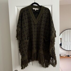 Carolina K Chic Olive Patterned Poncho with Fringe